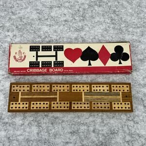 Vintage F.C. Made In Hong Kong Inlaid Wood Cribbage Board, 6 Pegs, Original Box